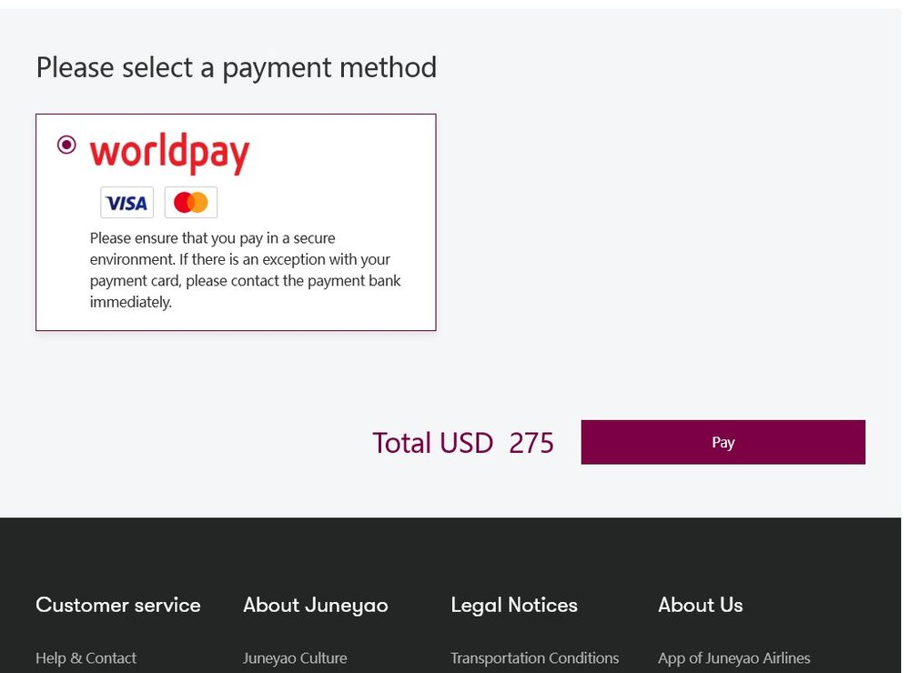 Экран оплаты: шлюз Worldpay (Visa/Mastercard) и итог в USD
